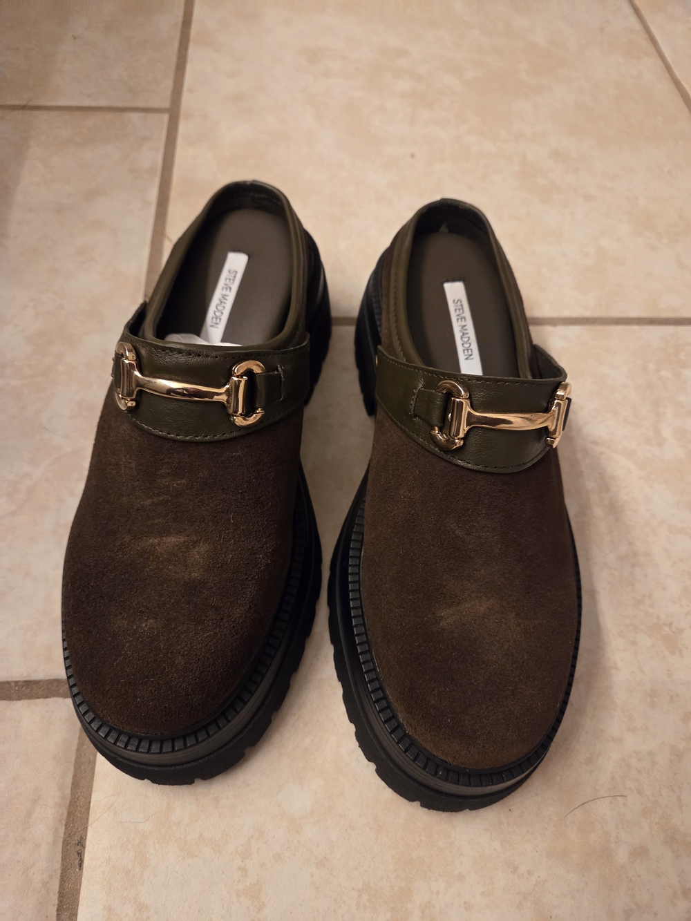 Steve Madden Brown Suede Slip-On Loafers with Olive Strap and Gold Hardware